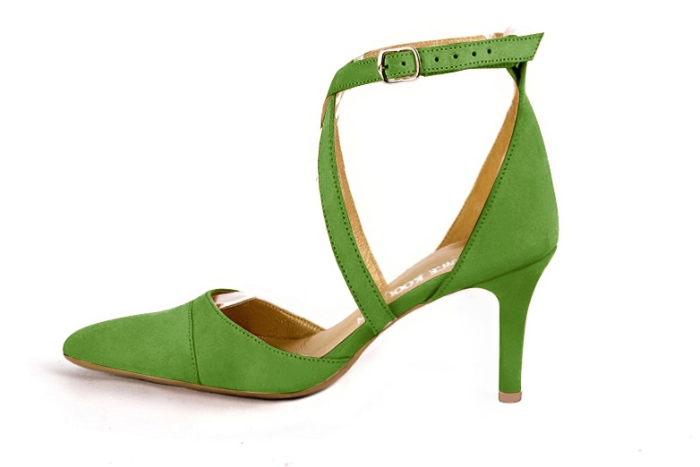 Grass green women's open side shoes, with crossed straps. Tapered toe. High slim heel. Profile view - Florence KOOIJMAN